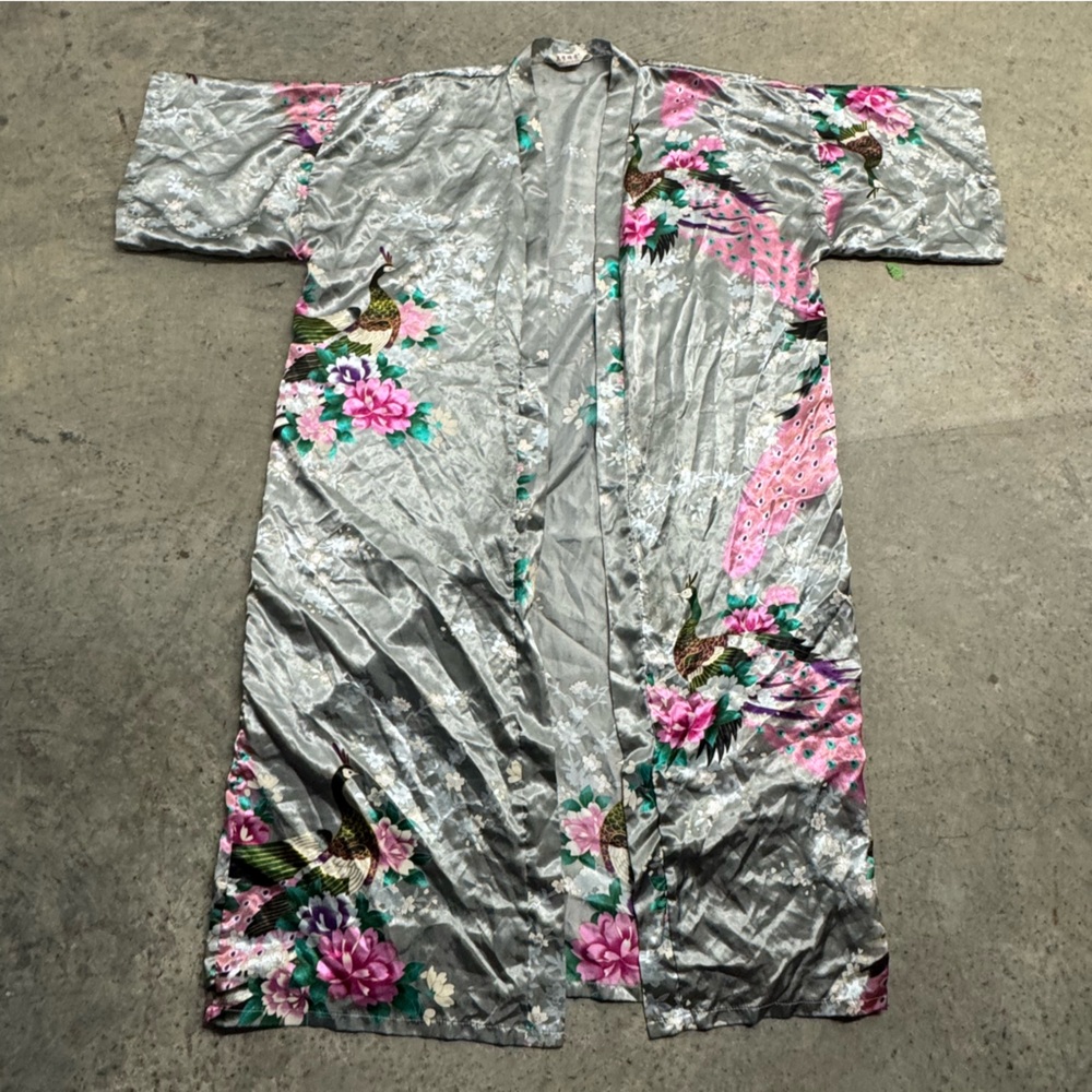 Mei‎ Ye Si Da Floral Kimono Robe Gray Silky Satin Classic Lounge Sexy
